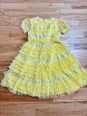 Mini Boden Yellow Ruffle Tulle Dress with White Floral Trim
